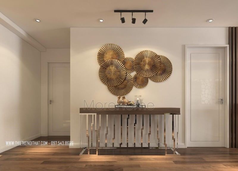 Trang trí nội thất chung cư đẹp với kiểu mẫu kệ decor gỗ óc chó tinh tế này