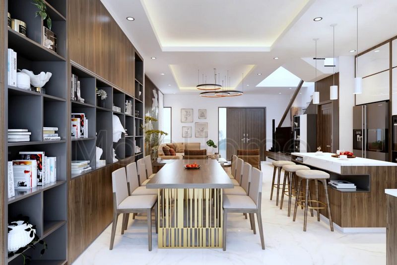 Mẫu bàn ăn gỗ công nghiệp hiện đại với ghế gỗ bọc sofa đẹp cho không gian phòng bếp thêm sang trọng