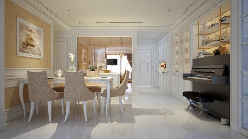 Bộ bàn ghế đẹp với sự kết hợp hài hòa giữa 2 màu trắng vàng chủ đạo tạo nên một không gian phòng ăn sang trọng mà vô cùng ấm áp